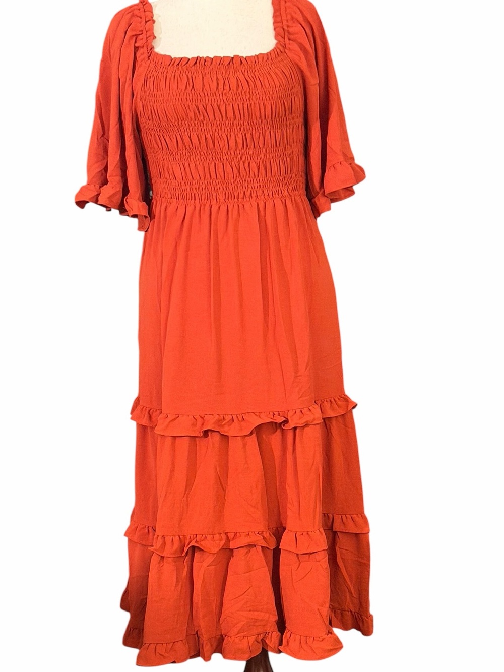 She + Sky Orange Smocked Bodice Maxi Dress with Flutter Detail